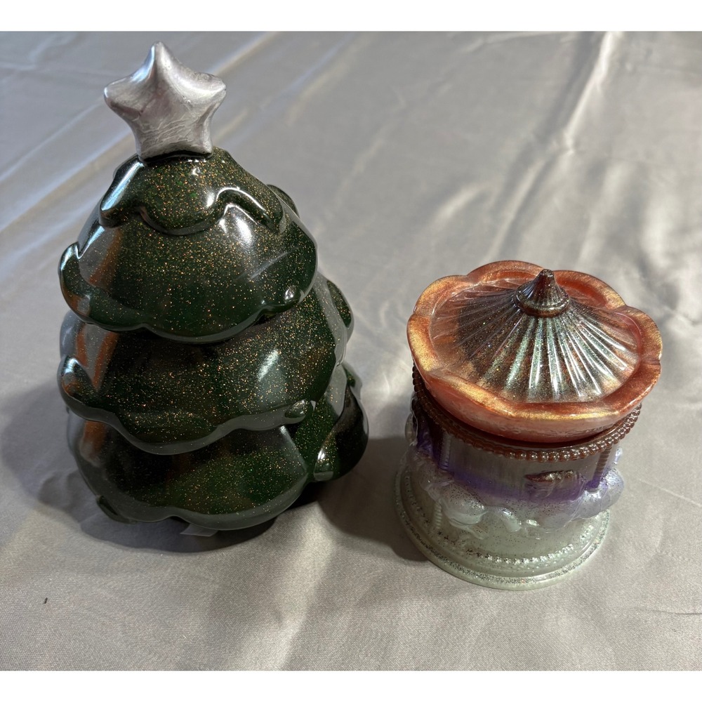Handmade Resin Christmas Tree Stacking Trinket Box & Carousel Horse Jar Set